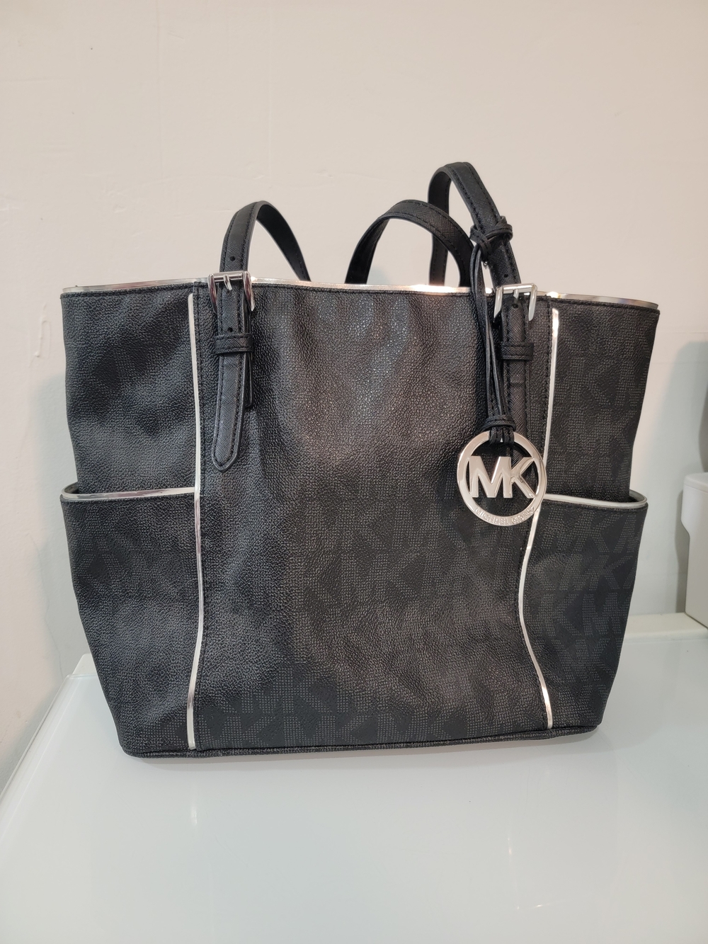 Michael Kors Black Logo Tote Bag with Silver Accent